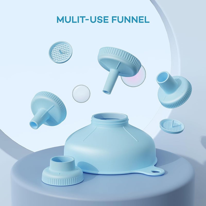 Pisol Wide Mouth Versatile Funnel, Canning Funnels for Kitchen Use, Food Grade Plastic Cooking Funnel Set with 4 Size Spouts and 2 Strainers for Filling Different Bottles and Bags, Blue - Image 2